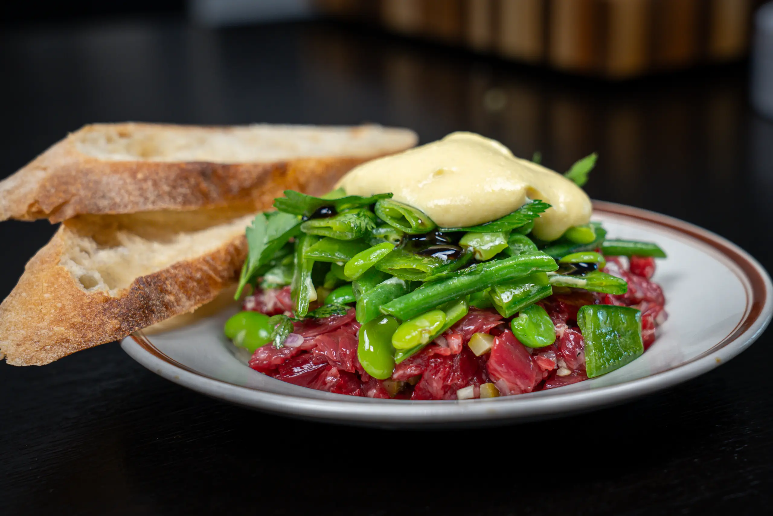 A picture of Beef Bavette Tartare with Vegetables & Mustard Egg Mousse