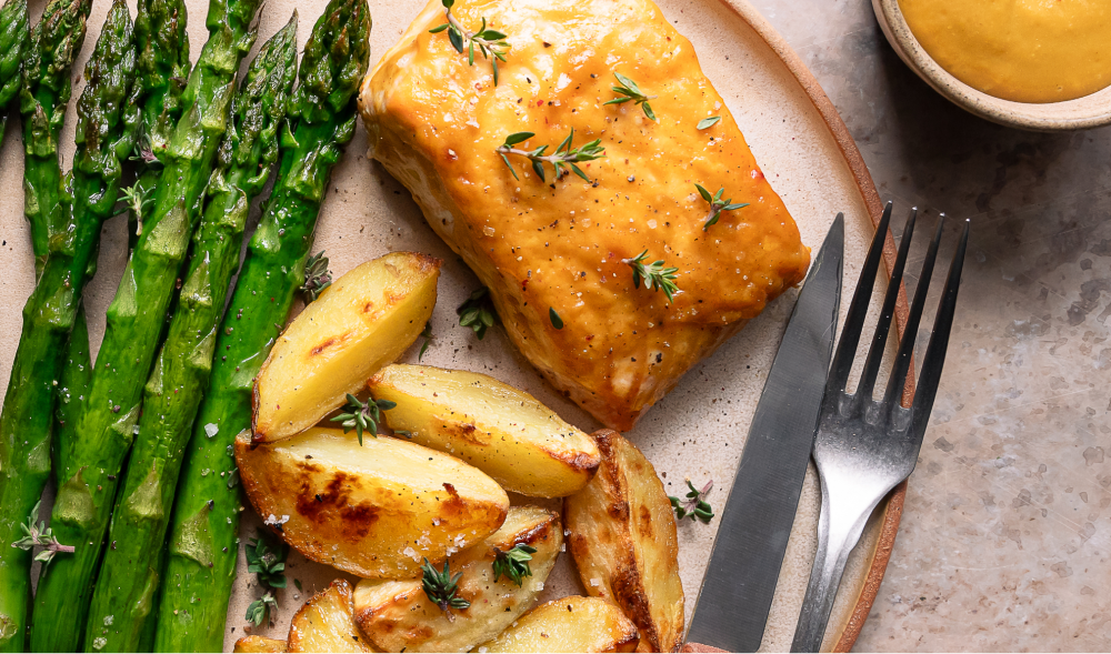 Mustard Salmon with Roasted Potatoes and Asparagus